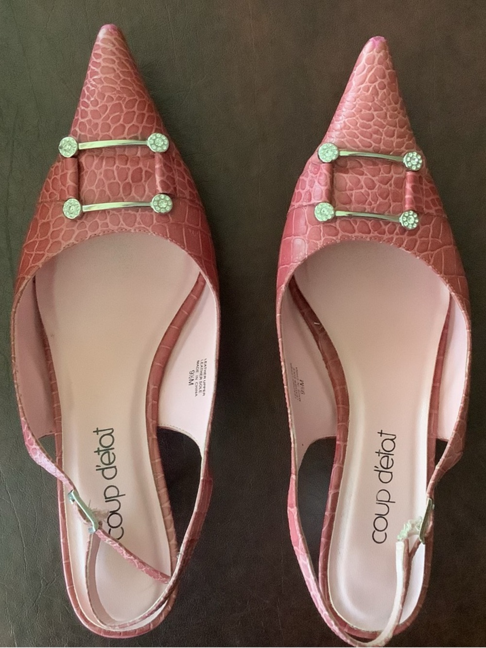 Coup D'état Pink Croc-Embossed Pointed Slingback Heels with Crystal Bars